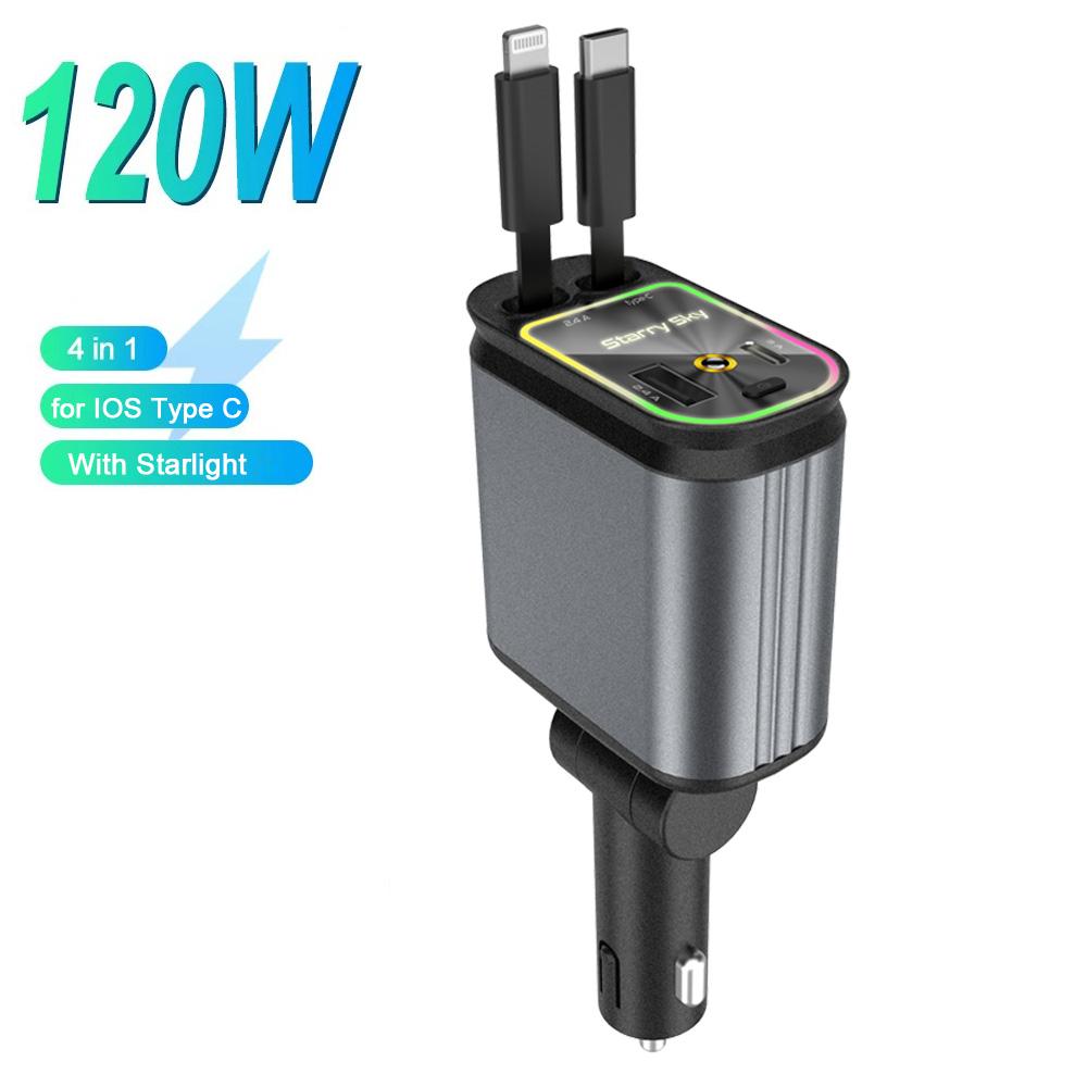 4 IN 1 120W Car Charger with Retractable Cable and Roof Starlight USB C Fast Charger Cigarette Lighter For iPhone Huawei Samsung