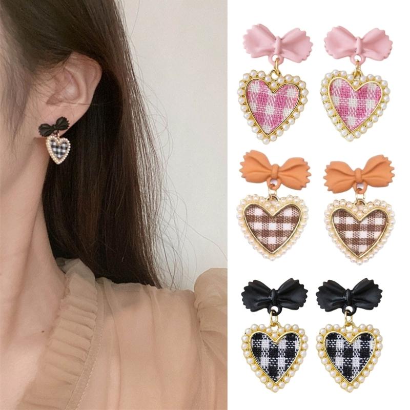 Cute Korean Hanging Love Grid Pearl Heart Earrings for Women Girls Fashion 2024 Bowknot Earrings Trend Party Jewelry
