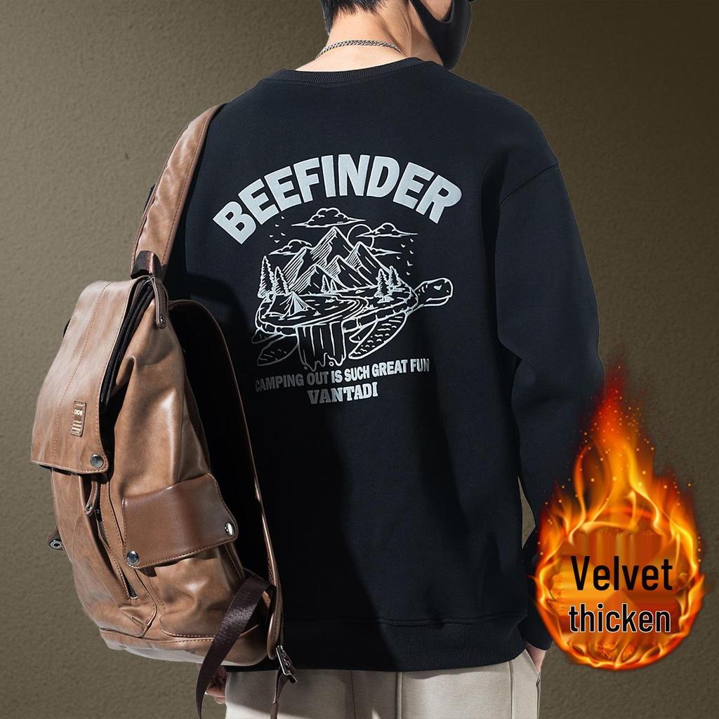 Men's Trendy Brand Heavyweight Round Neck Sweatshirt - Autumn Loose Casual Print with Velvet Long Sleeves