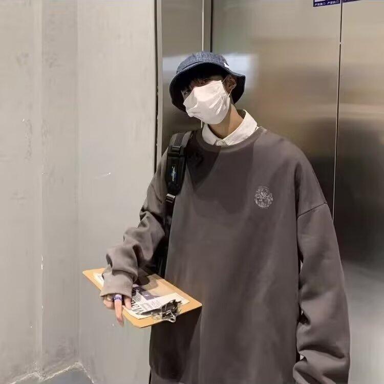 

Напечатанный свитер осень-зима мужской круглый вырез свободный топ шикарный гонконгский стиль модный 5XL темно-серого