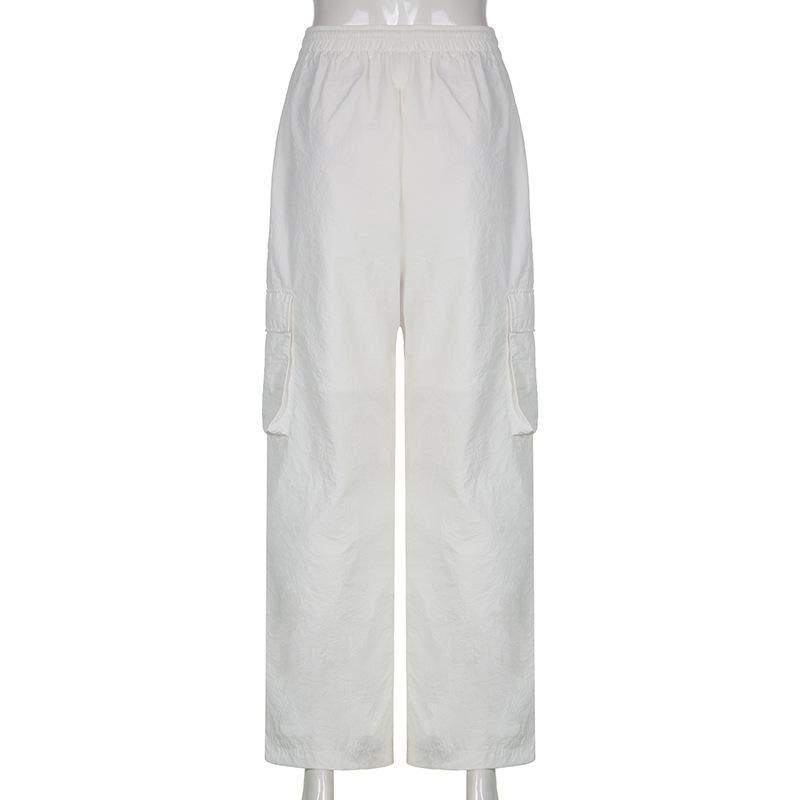 2022 Lässige Taschen Elastischer Bund Damen Hose Weiß Frühling Hohe Taille Schnürung Sporthose Mode Gerade Hose