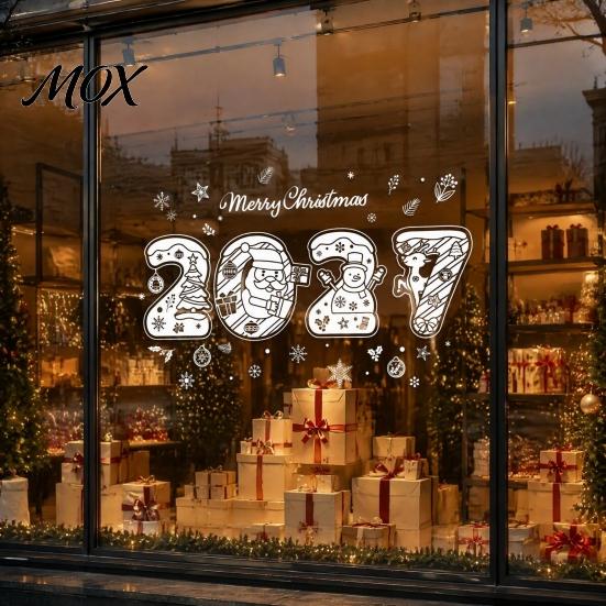 Holiday Glass Decals 4PCS 2027 Christmas New Year Static Window Clings, Nordic Snow Town Snowflake Ornaments Stickers, Reusable for Shop Home