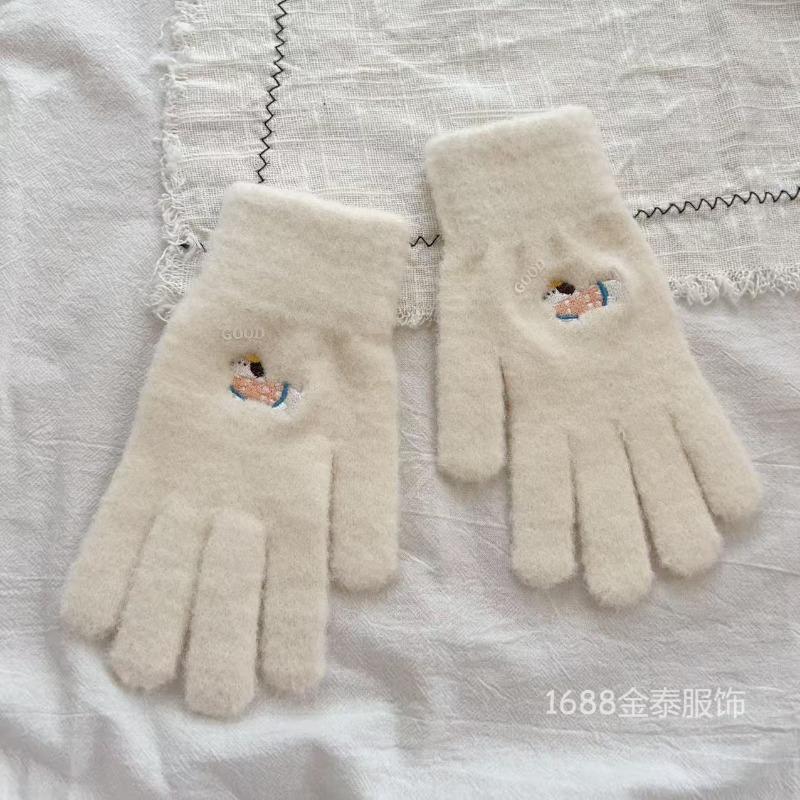 Oood Cartoon Dachshund All-finger Gloves Autumn and Winter New Warm and Fleece Windproof Five-finger Gloves