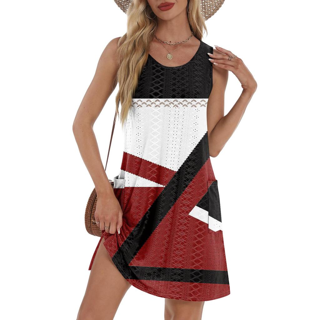 Damen Lässiges Sommerkleid mit Taschen Sommer Boho Strandkleid T-Shirt Kleid V-Ausschnitt Lockere Tankkleider