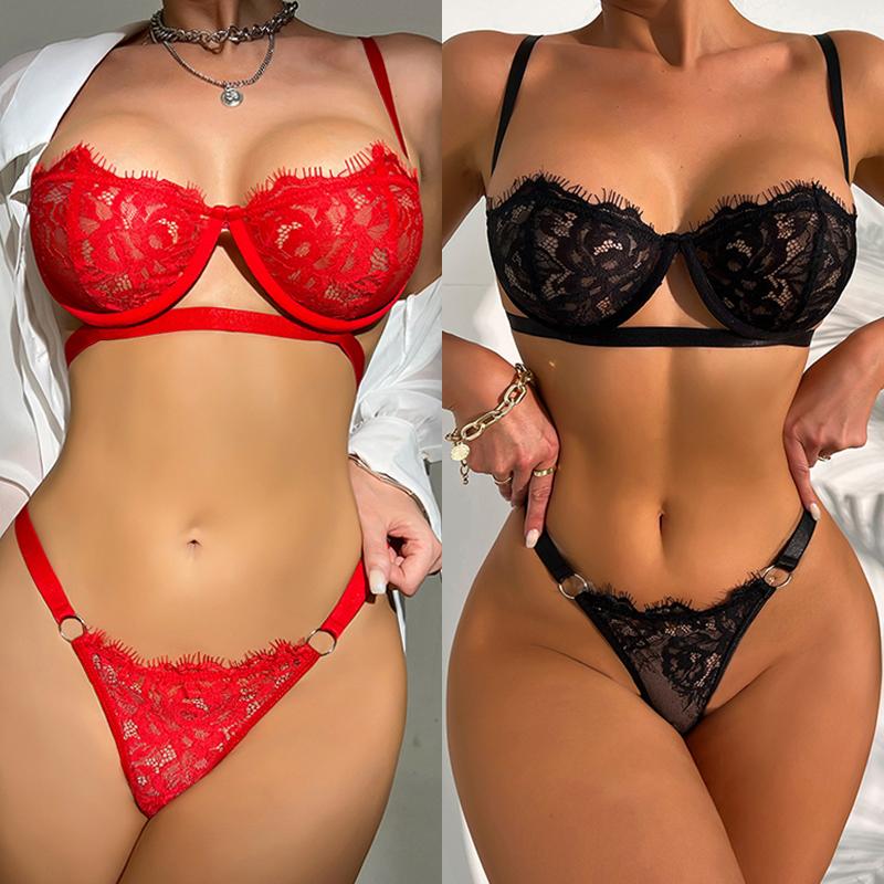 Sexy Lingerie Woman Lace Transparent Steel Ring Support Underwear Brief Set Push Up Sleepwear Suit Plus Size Erotic Open Bra