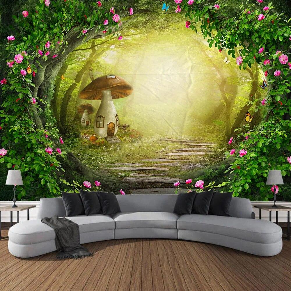 Фантастический лес Грибной дом Гобелен Настенный художественный фон Стена Спальня Гостиная Украшение дома 100x75cm
