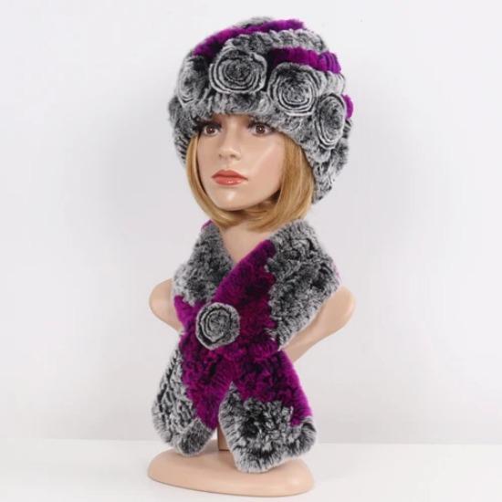 Hot Sale Lady Natural Fur Hats Scarves Sets Women Winter Knit Real Rex Rabbit Fur Hats Muffle 2 Pieces Real Fur Hat Scarf