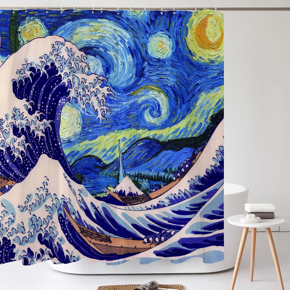 Classic Creativity Waves Spray Bath Curtain Waterproof Fabric Japanese style Shower Curtains Bathroom Bathtub Screen With Hooks