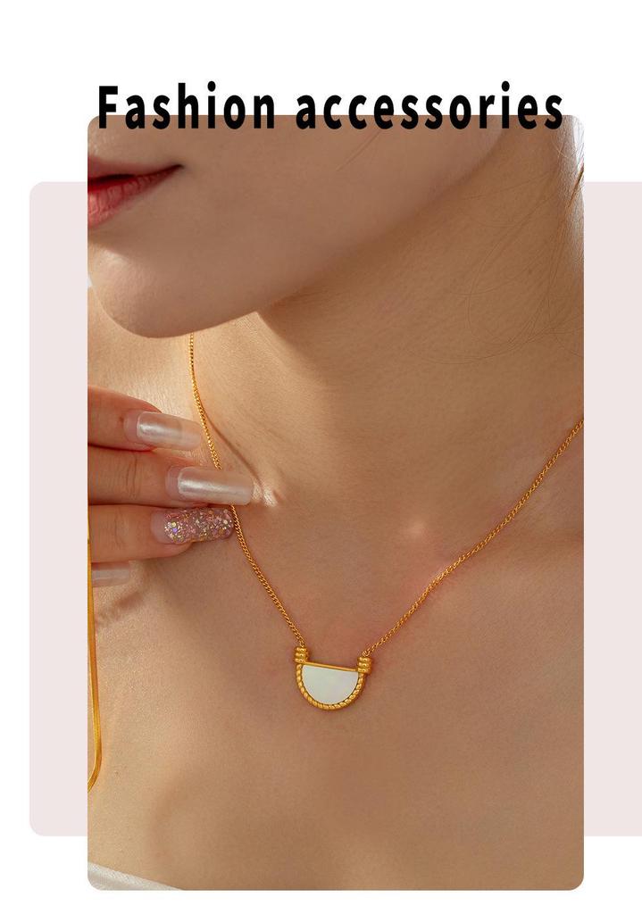 French Retro Geometric White Mother-of-Pearl Pendant Clavicle Chain Earrings In Titanium Steel and 18K Gold for Women