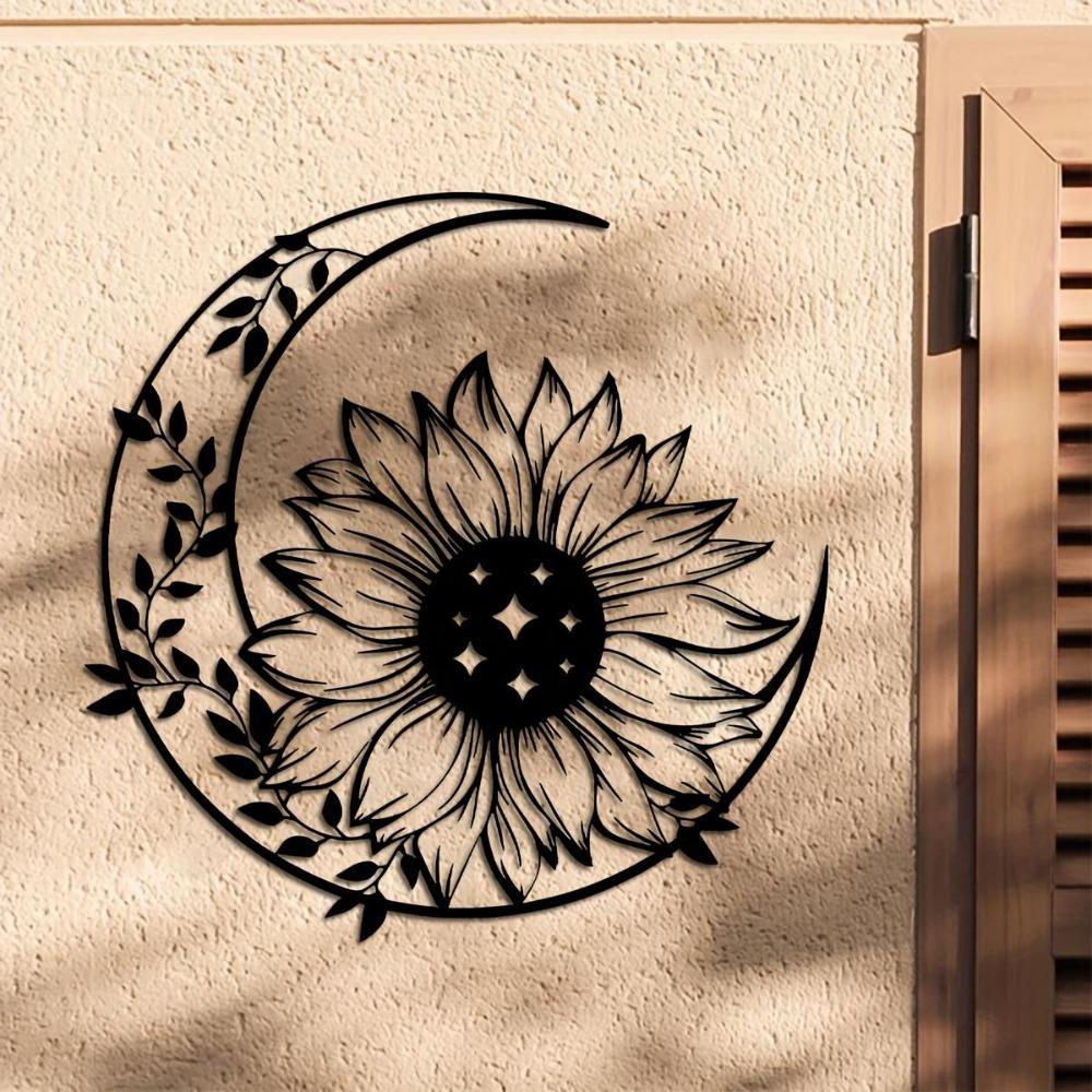 Sunflower Metal Wall Art Intricate Blackwork Crescent Moon Sun Design Home Patio Balcony Decor Housewarming Gift