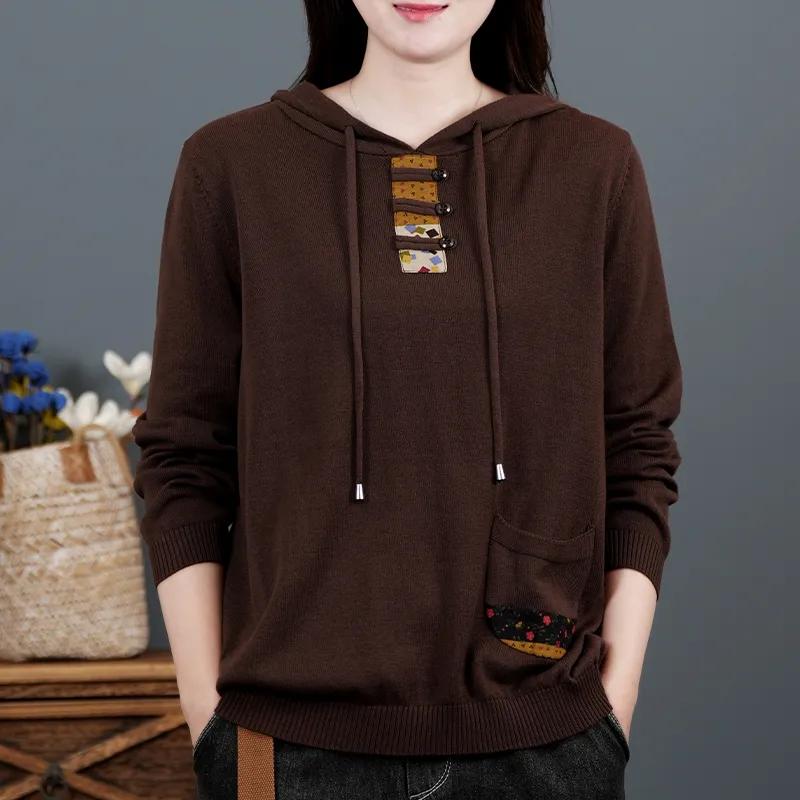 Retro Cotton Long-sleeved Sweater Women's Spring and Autumn Hooded Sweater Loose Sweater