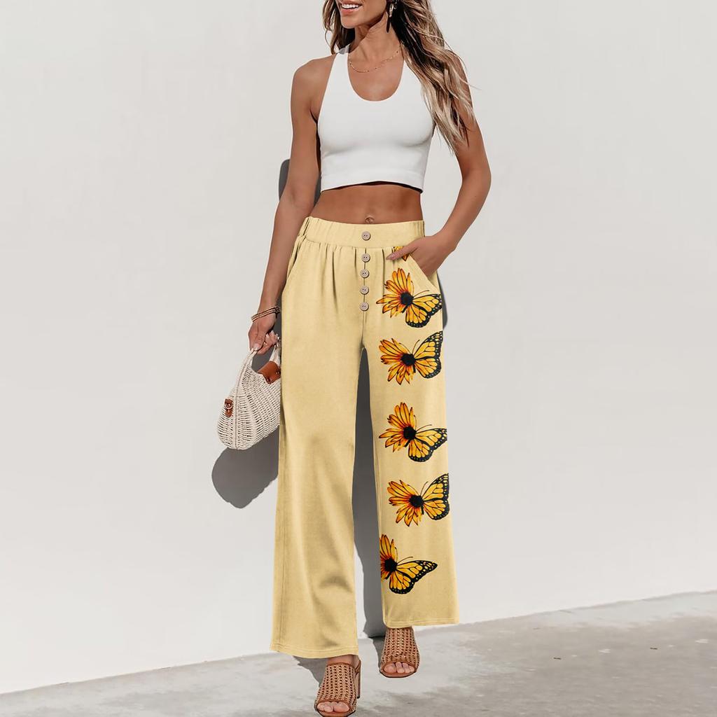 Women’s Summer Loose Fit Floral Print Wide Leg Pants Stretch Waistband Button Front with Pockets Casual Lightweight Trousers for Daily Wear