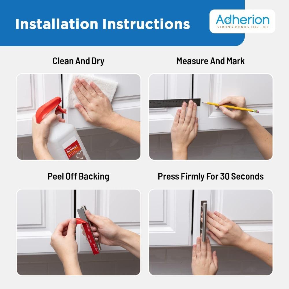 Adhesive Cabinet Handles 5" | No Drilling Stick On Handle for Drawers Doors Wardrobes Windows | 3M Adhesive | 4 Pack Brushed Nickel All Metal Handles