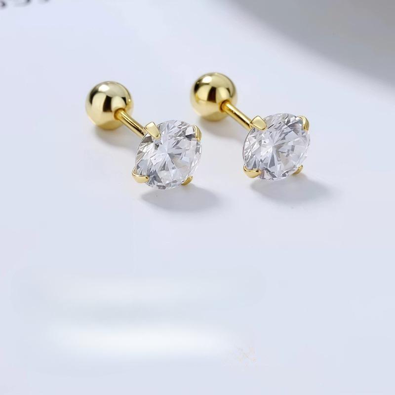 Golden Four-claw Zircon Ear Studs - No Need To Remove The Ear Ring Screws When Sleeping; Simply Twist The Ear Canal Screws.
