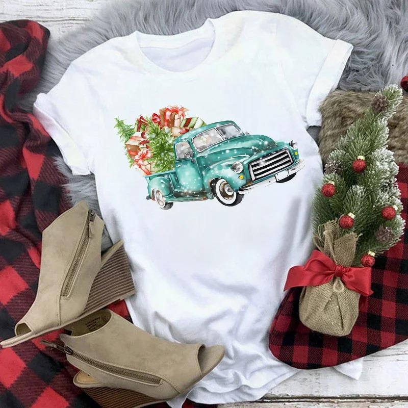 Truck SnowUnisex Family Christmas TShirt Womens Short Sleeve Cute Casual Top Cartoon SnowUnisex with Santa Hat Print