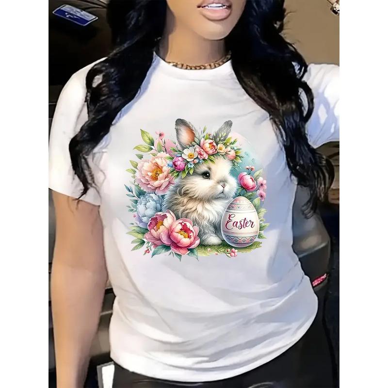 Womens Easter Bunny Floral Print T Shirt Soft Round Neck Short Sleeve Casual Spring Summer Top Easter Holiday Gift Casual Attire Holiday