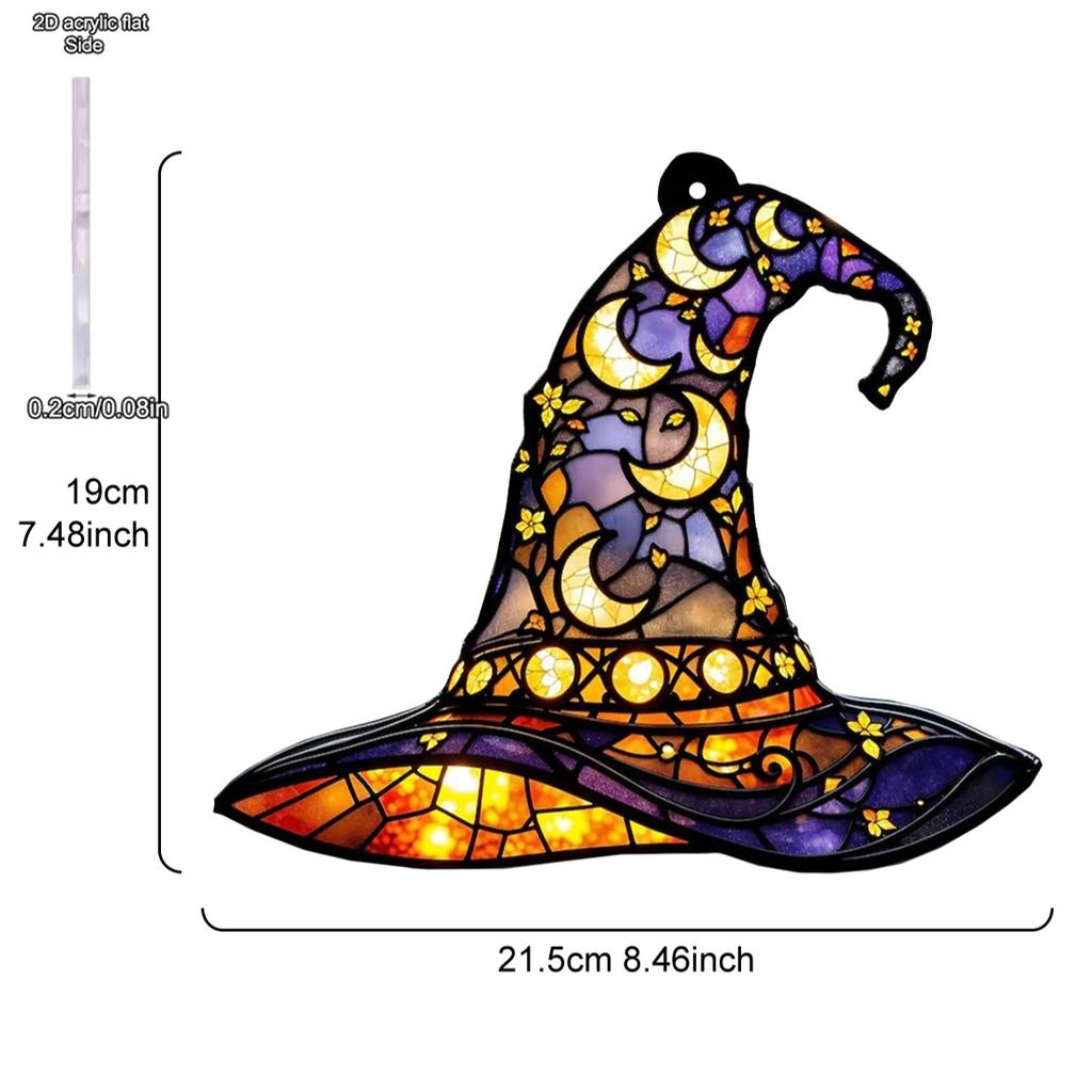 1pc Halloween Witch Hat Window Hanging Acrylic Sun Catchers Hat Shaped with Moon & Floral Pendant Wall Decortions, Four Seasons Decoration
