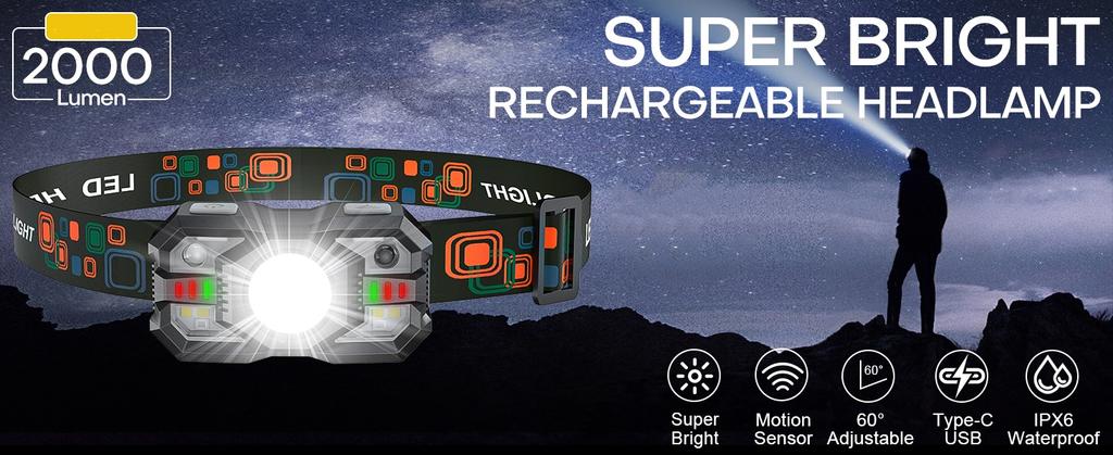 Rechargeable Headlamp Motion Sensor LED Headlight Red Light Super Bright Fishing Light Head Flashlight Camping Outdoor Head Lamp