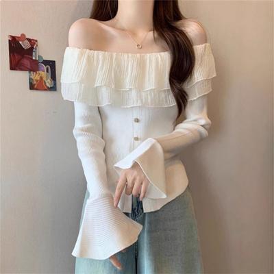Lotus Leaf Edge One-word Shoulder Horn Sleeve Black Shirt Women's Early Autumn Temperament Thin Design Short Top