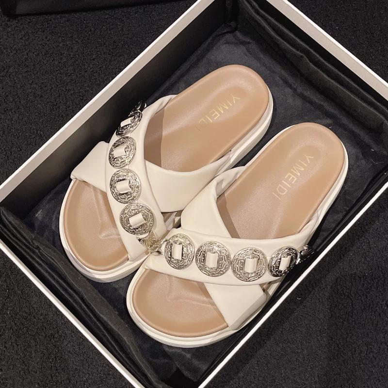 Women Solid Color Slippers Chain Platform Sandals  New Summer Ladies Flats Casual Home Slides Women Modern Slippers Shoes