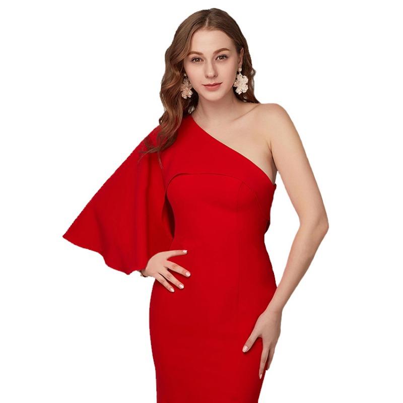 Autumn single shoulder ruffle edge slant shoulder trailing evening dress wish hot buy dress