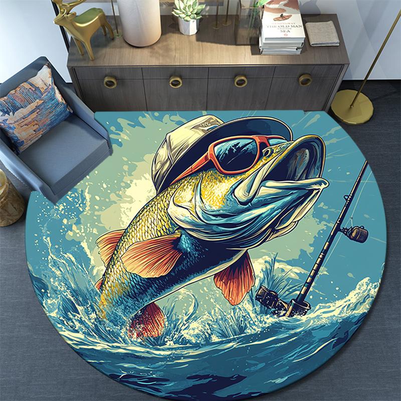 Bass Fish Round Area Rug,Carpet Rug for Living Room Bedroom Sofa Playroom Decor,Non-slip Floor Mat