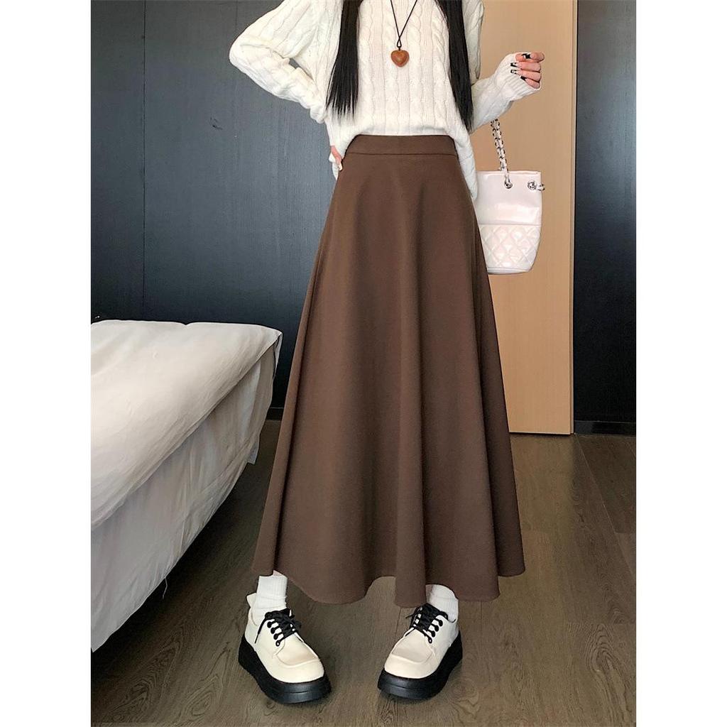 White High Waist Woolen A-line Pleated Skirt for Women - Long, Thickened, and Perfect for Autumn/Winter