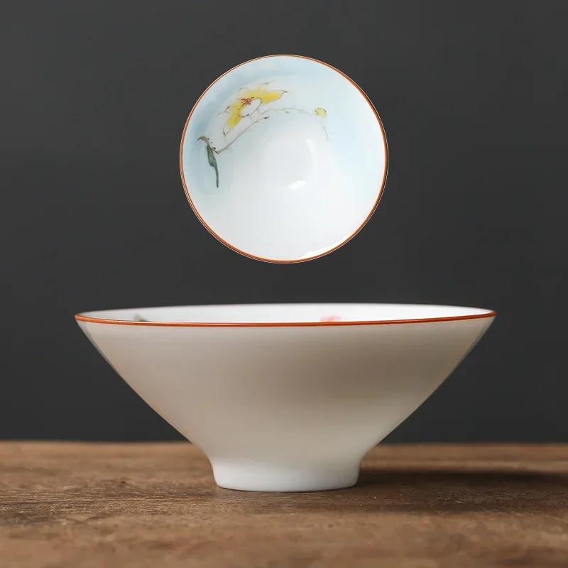 Chinese Ceramic Teacup Hand Painted Flowers and Birds Cup Travel Tea Bowl Household Porcelain Tea Set Master Cup 60ml