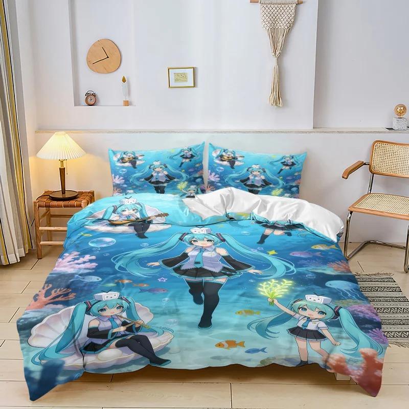 Hot Anime beautiful girl Hatsune Miku Balinese Duvet Cover Set Bedding with 1-2 Pillowcases Room Teens Bedroom Decor Fans Gift