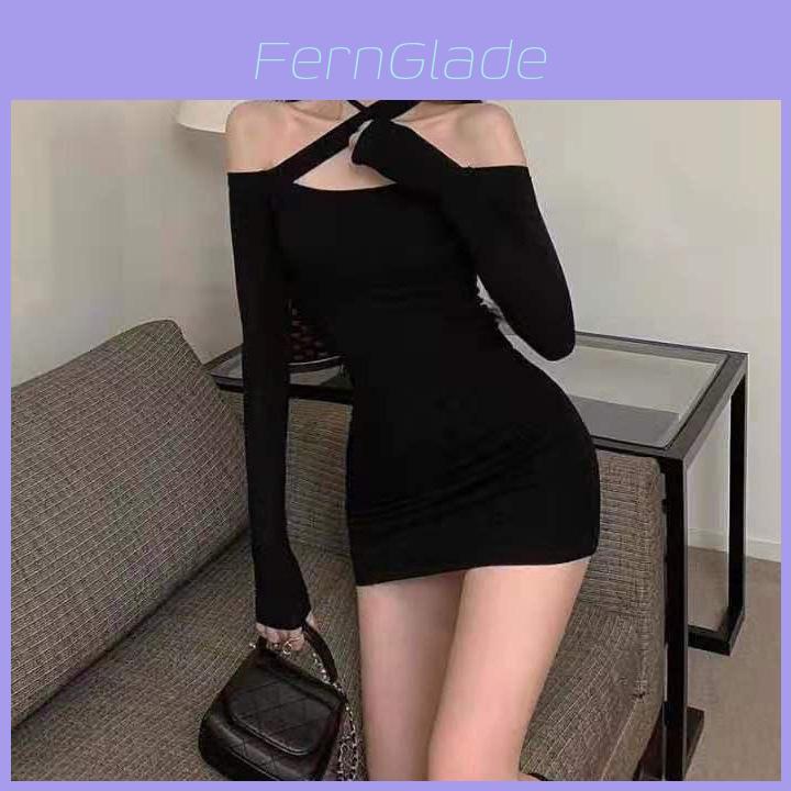 Plain Color Off Shoulder Long Sleeve Dress With High Waist For Office And Casual Wear