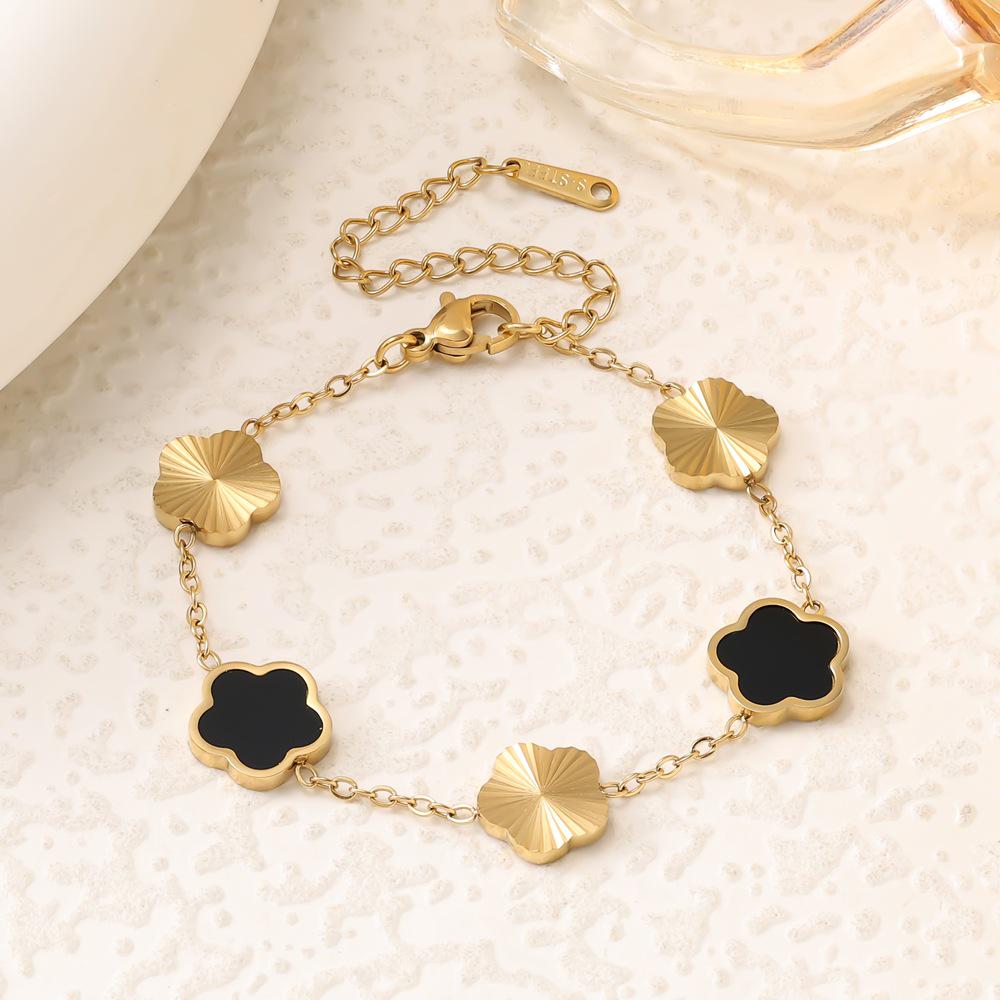 18k Gold-Plated Titanium Steel Two-Tone Five-Petal Flower Mother-of-Pearl Bracelet for Women