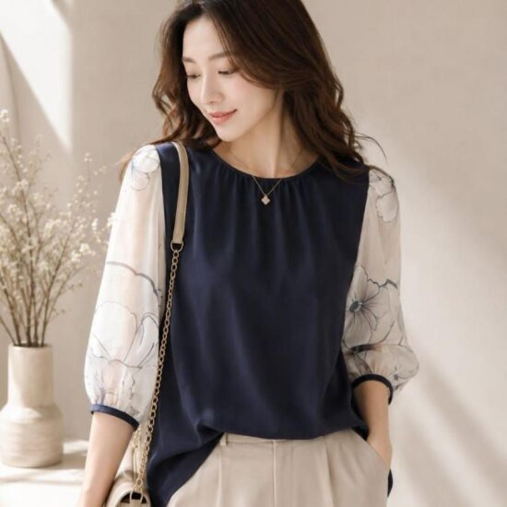 Rellawear Floral Print Half Sheer Blouse