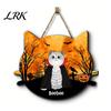 2D Flat Wood Sign Halloween Hanging Door Sign, Cute Cat Wooden Front Pet Name Tag Hanger with Hemp Rope for Porch Wall Indoor Home Decor