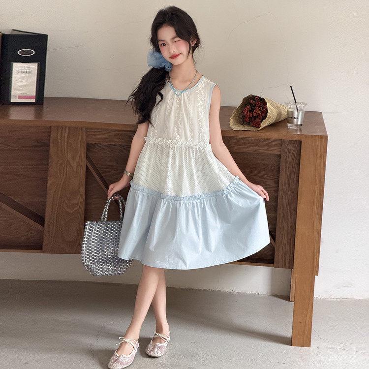 Girls Sleeveless Lace Patchwork Midi Dress - Sweet Summer Princess Style 170 cm синий