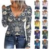 Women's V Neck T-shirt Fashion Casual Print Button Long Sleeve Top