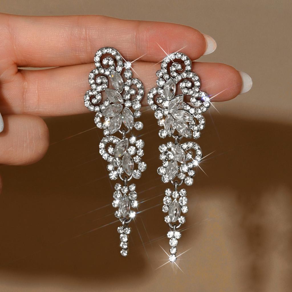 Niche Design Super Flash Crystal Full Diamond Fringed Earrings Long Temperament Earrings Thin Dinner Earrings