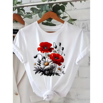 European Size Floral Print T-Shirt for Women, Casual Round Neck Short Sleeve Top for Spring And Summer