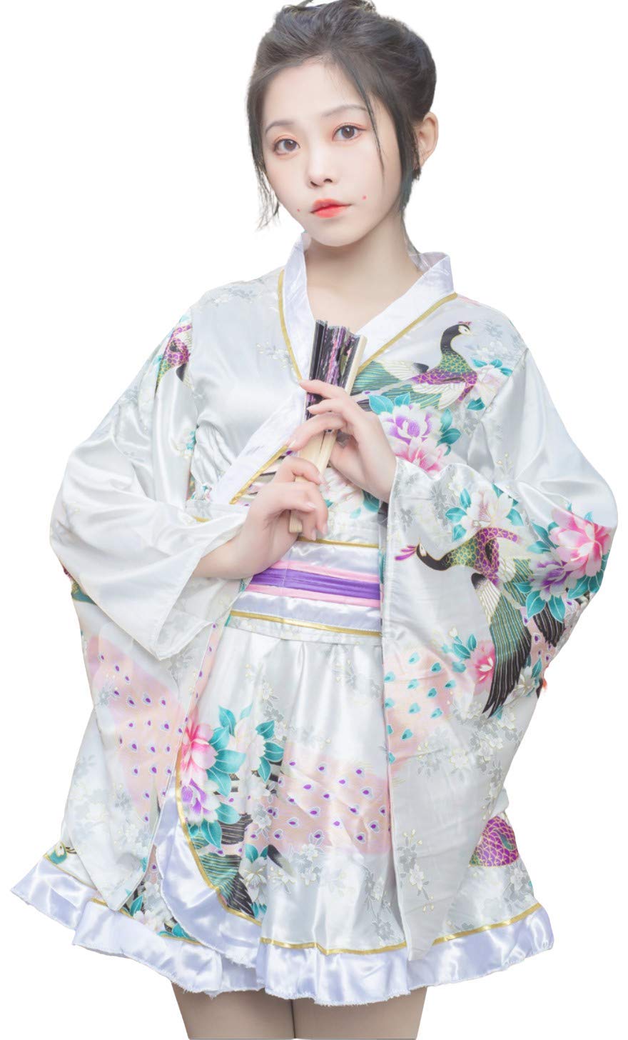 

Kimono Dress One Piece Cosplay Mini Length Japanese Clothes One Size Fits Most [Lady Lazy] (White)
