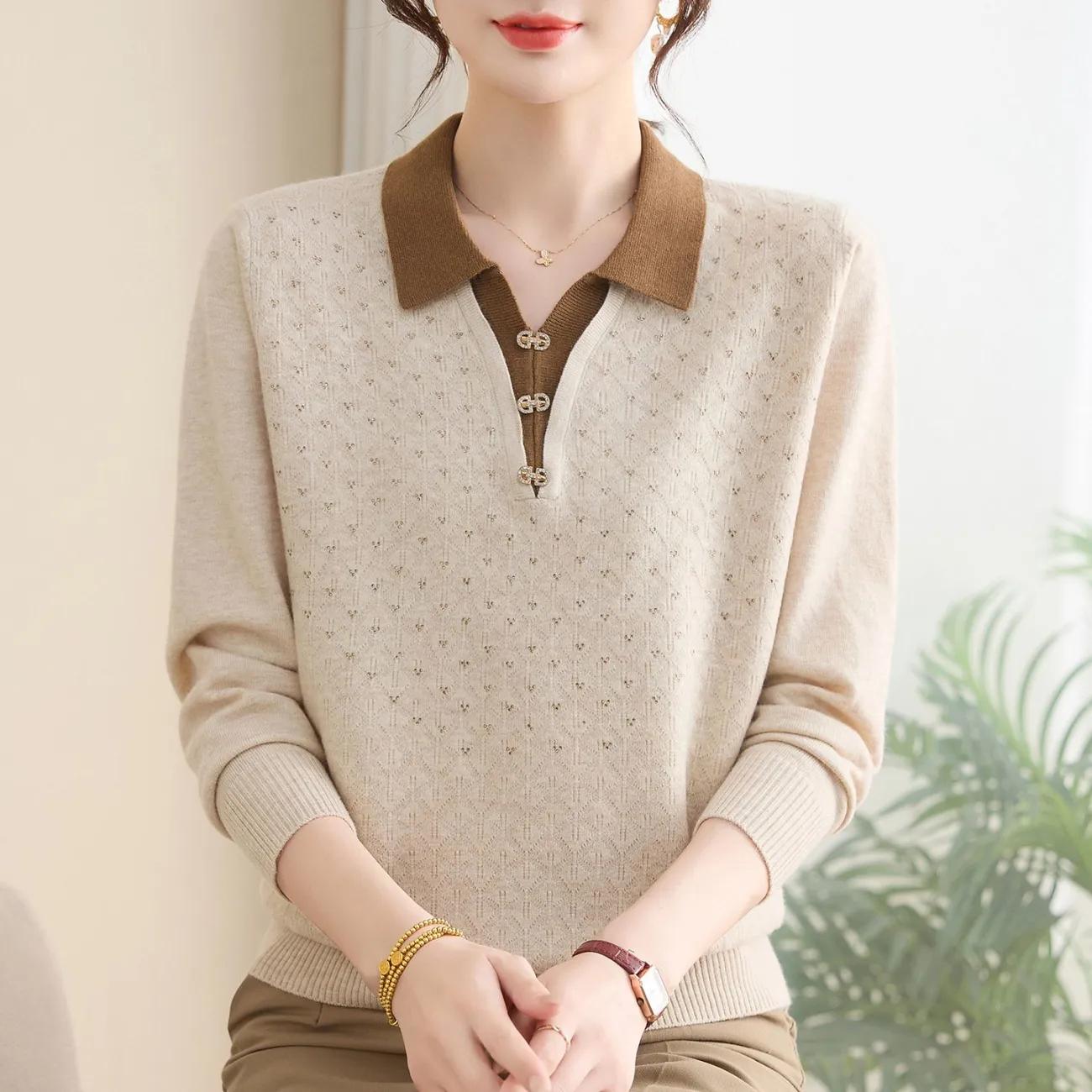 

Осенний модный трикотажный свитер с длинным рукавом для пожилых женщин среднего возраста, базовый, с темпераментом, повседневный, с лацканами 4XL