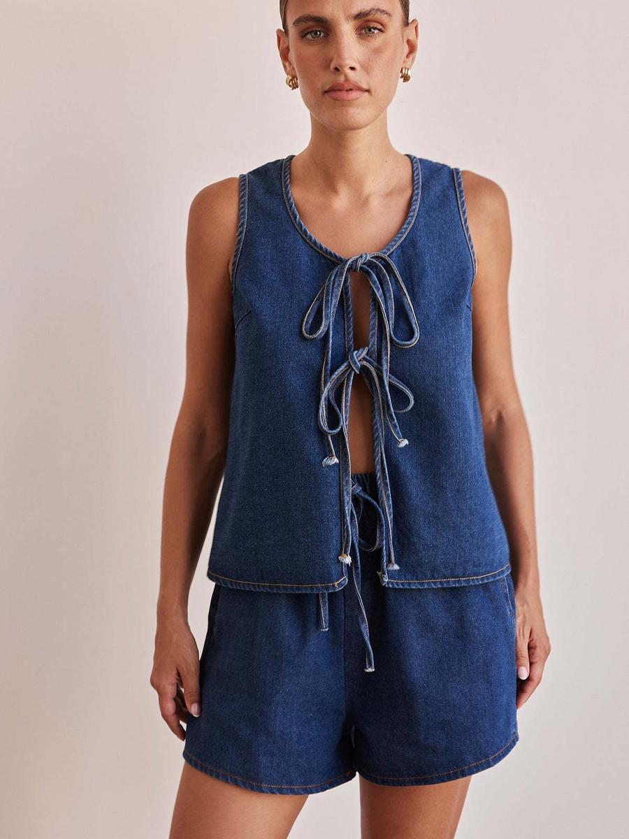 

Wind Summer Fashion Casual Sleeveless Tie-Up High Waist Women s Vest Denim Set Shorts S темно-синий