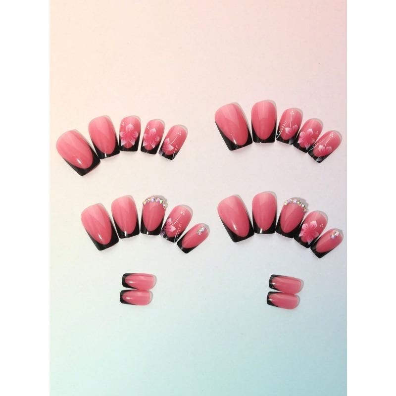 24 Piezas/Set Uñas Postizas Cuadradas Cortas Kit de Uñas Postizas Decoradas con Pedrería DIY para Mujeres, Kit de Arte de Uñas para Fiesta de Niñas Suministros para Uñas