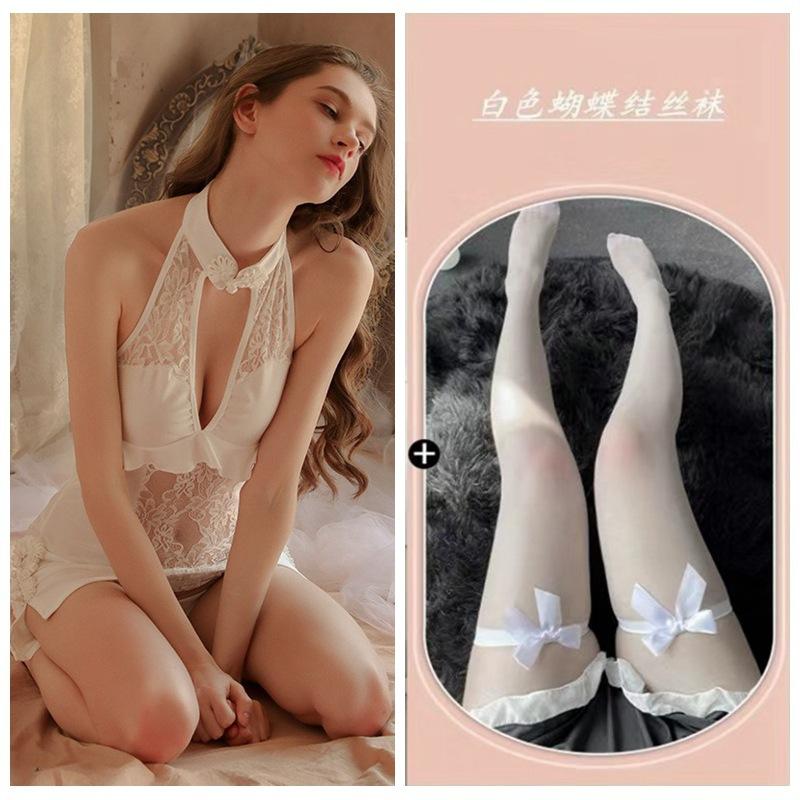 Sexy Lace Seduction Deep V Vintage Cheongsam Pajamas Hot Uniform Seduction Set