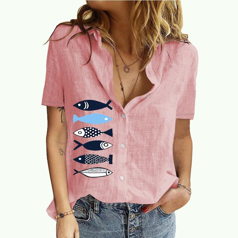 

Женская мода с воротником-лацканом, летние и осенние блузки с принтом, женская футболка с коротким рукавом, хлопковая льняная футболка 5XL розовый