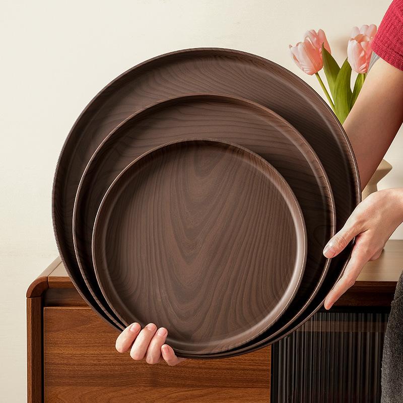 Tablett in Holzmaseroptik, Runder Teetablett, Teetasse, Aufbewahrungstablett für Wasserbecher, Café, Brot-Kuchen-Tablett, Obstschale