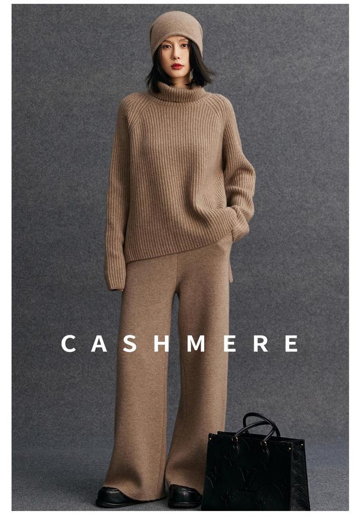 Women's High Neck Ribbed Knit Cashmere Sweater - Autumn/Winter Raglan Sleeve, Thickened Base Layer, Lazy Style