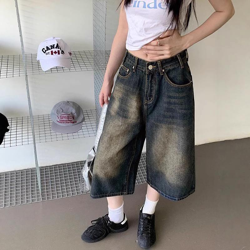 Vintage Farbverlauf Weitbeinige Culottes Amerikanischer Retro Gewaschene Lockere Shorts Hosen Jeans Damen Sommer Hohe Taille Weite Hosen Freizeithosen Mittellange Hosen