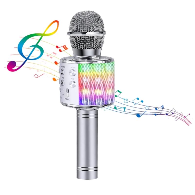 

Світлодіодний мікрофон для караоке, бездротовий мікрофон з 5 режимами світла та 4 режимами зміни голосу, Bluetooth-колонка, сумісна зі смартфоном срібний