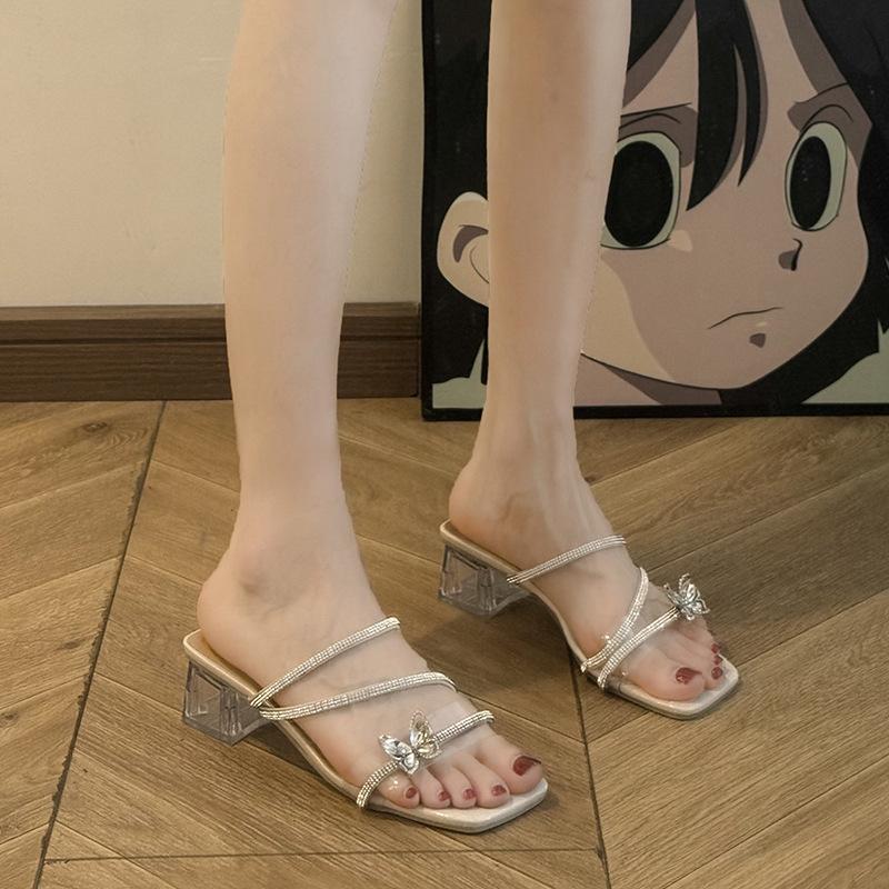 

2025 new summer new bow rhinestone outer wear crystal high heel cool slippers high sense fairy skirt 35