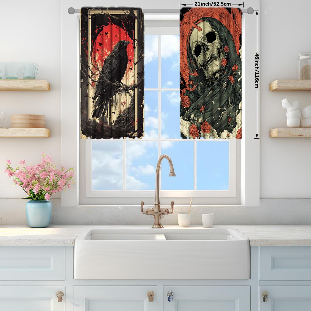 2pcs Skeleton and Crow Printed Curtain for Halloween Home Decor - Rod Pocket Window Treatment for Bedroom, Office, Kitchen