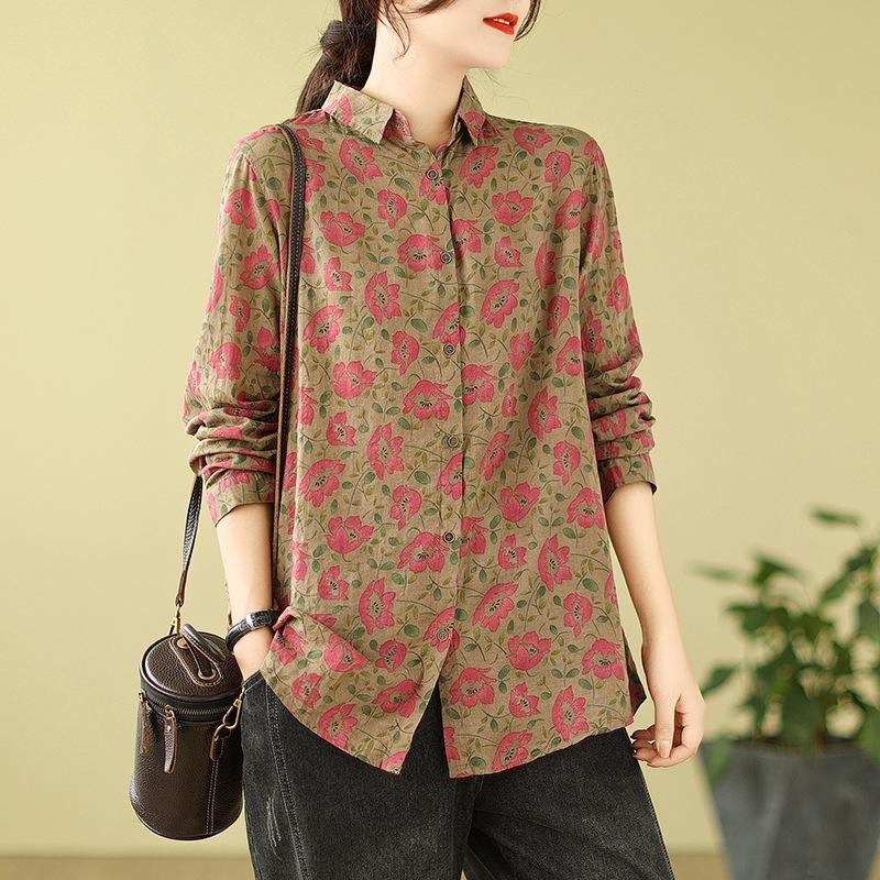 1116 Frühherbst neue literarische und Retro-Druck Baumwoll-Leinen Langarmshirt Damen Herbst locker Mutter-Shirt